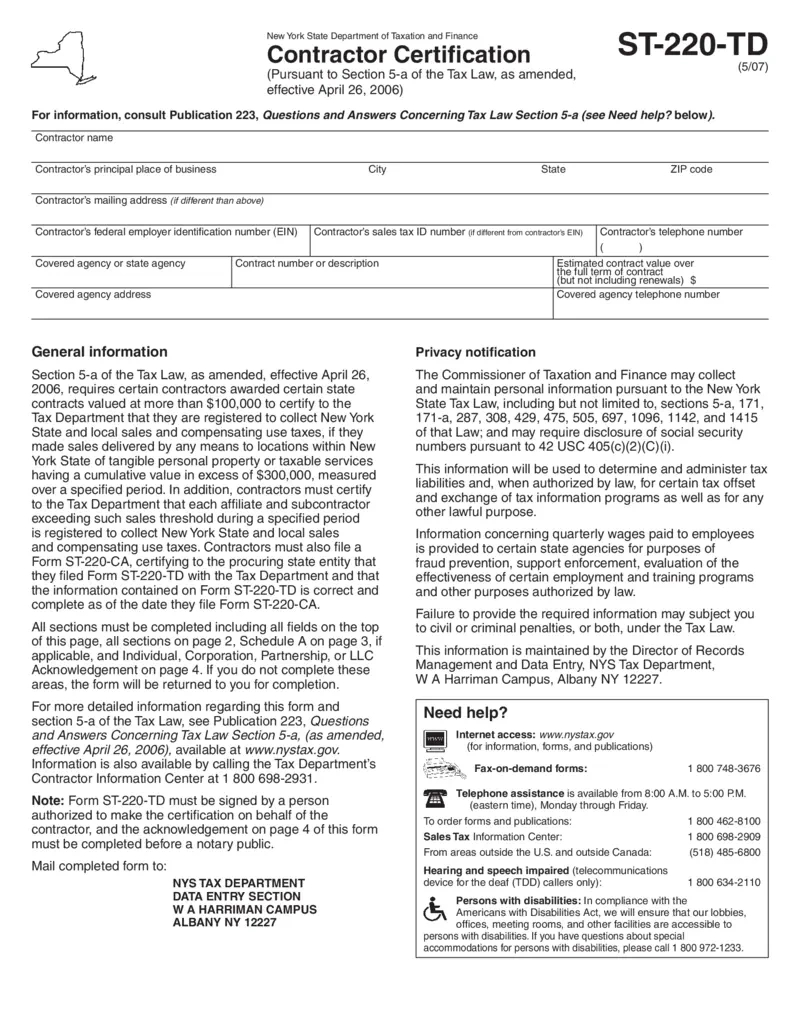 Free Contractor Certification Form St-220-Td | Printfriendly for Nys W4 Form 2025