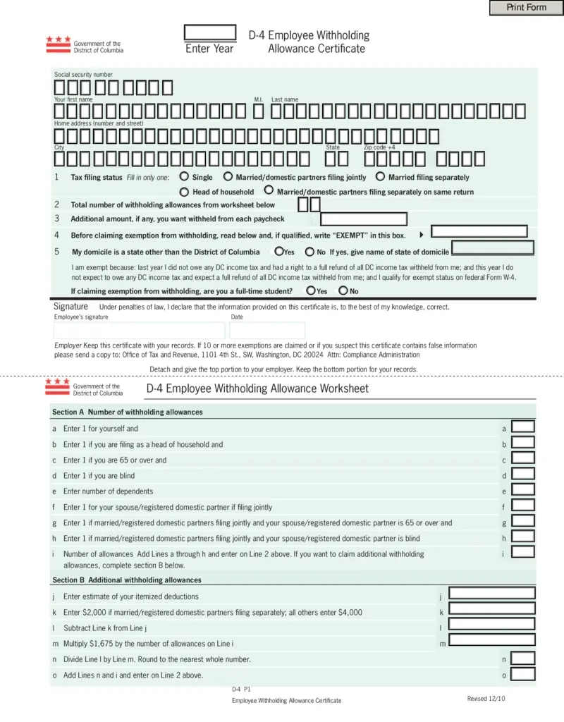 Free D-4 Employee Withholding Allowance Certificate | Printfriendly in W4 Form California 2025