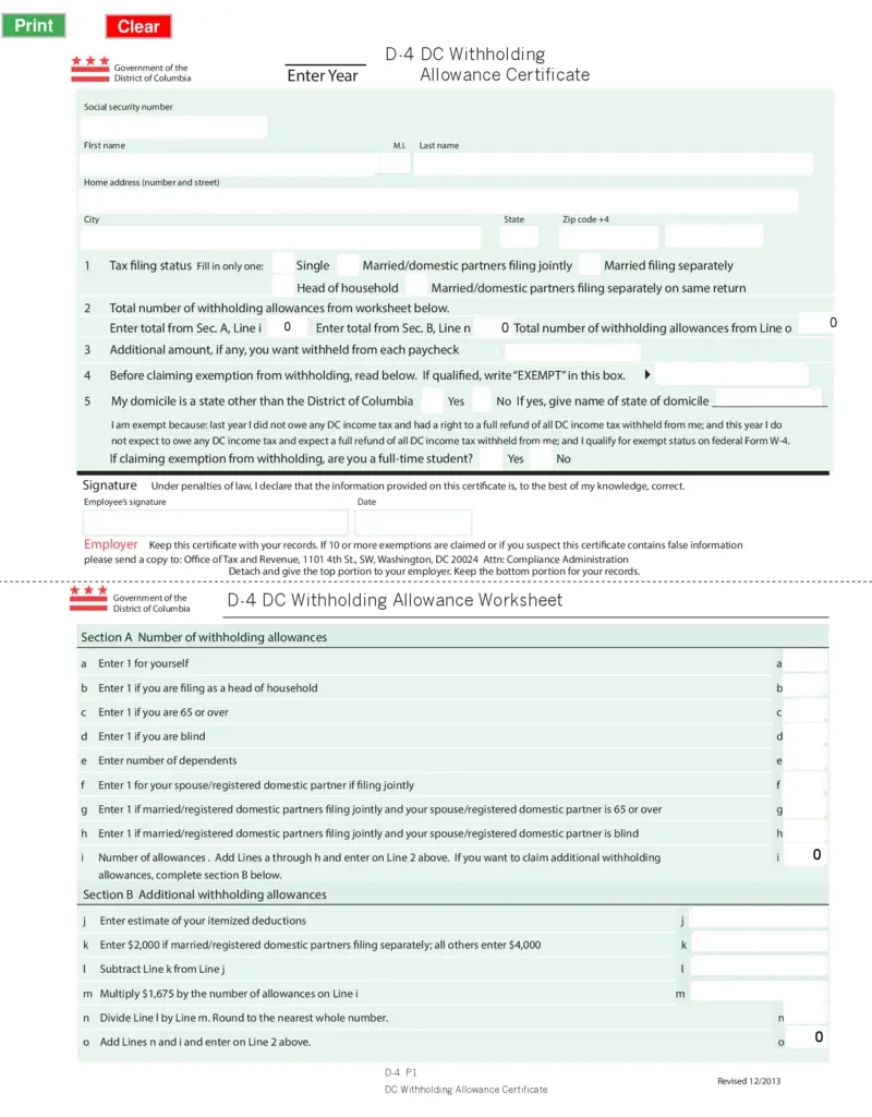 Free Dc D-4 Withholding Allowance Certificate | Printfriendly with regard to South Carolina W4 Form 2025