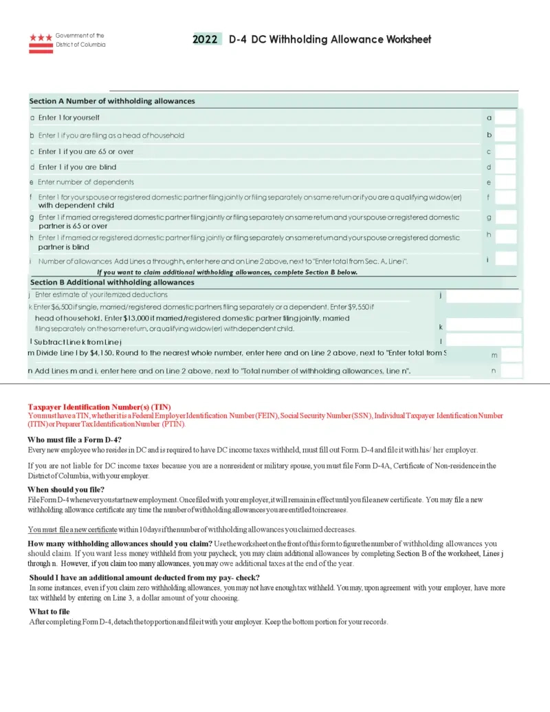 Free Dc D-4 Withholding Allowance Worksheet Instructions inside Georgia W4 Form 2025