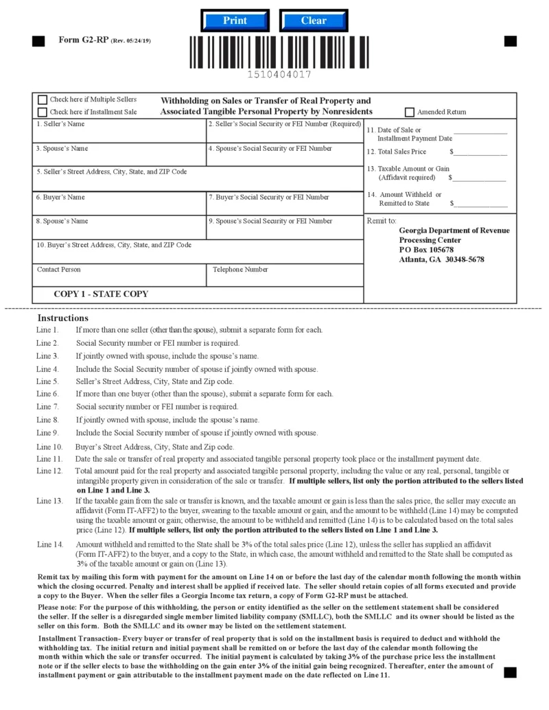 Free Form G2-Rp Sales Tax Withholding Nonresidents | Printfriendly regarding Georgia W4 Form 2025