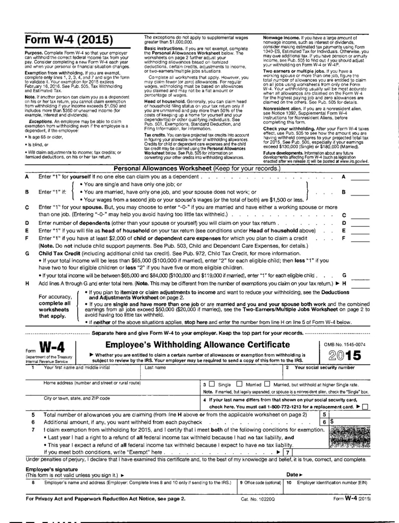 Free Form W-4 2015 Instructions For Federal Tax Withholding for Printable 2025 W4 Form