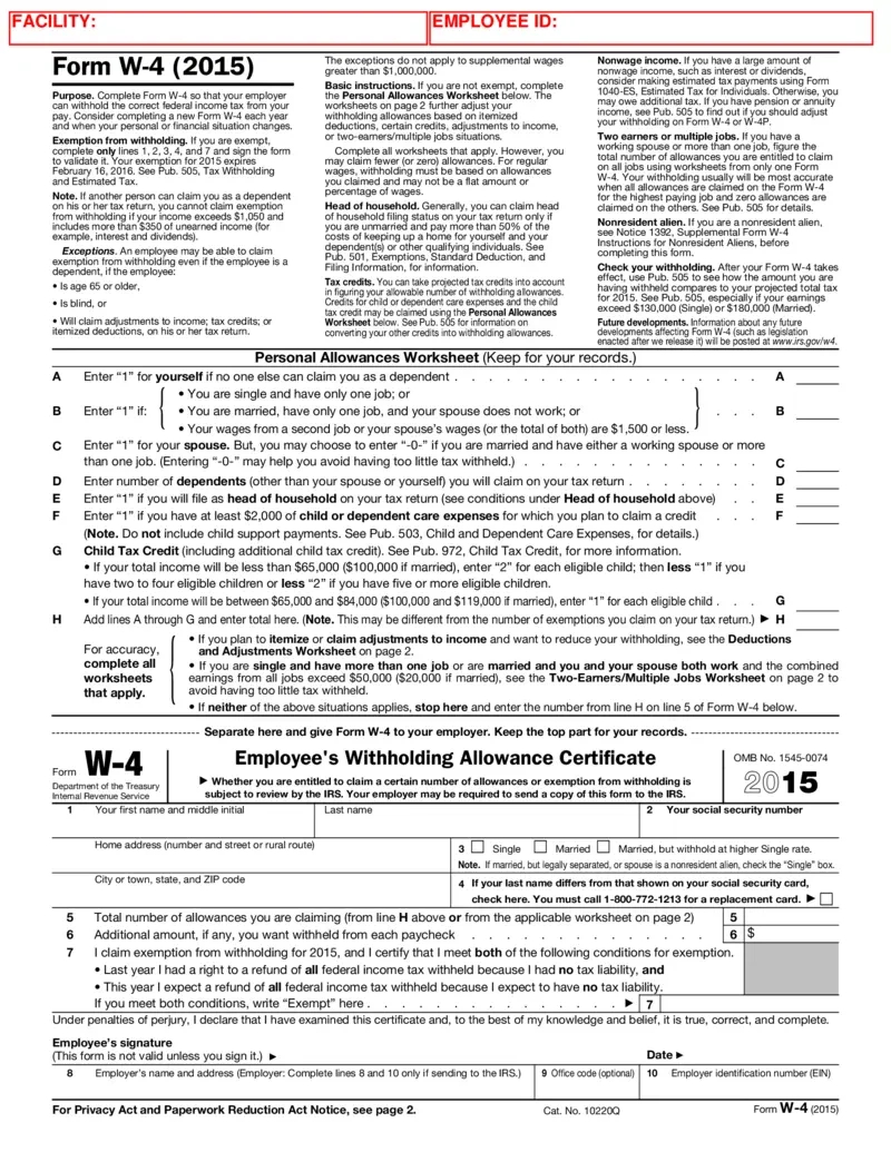 Free Form W-4 2015 Withholding Allowance Certificate | Printfriendly pertaining to Help With W4 Form 2025