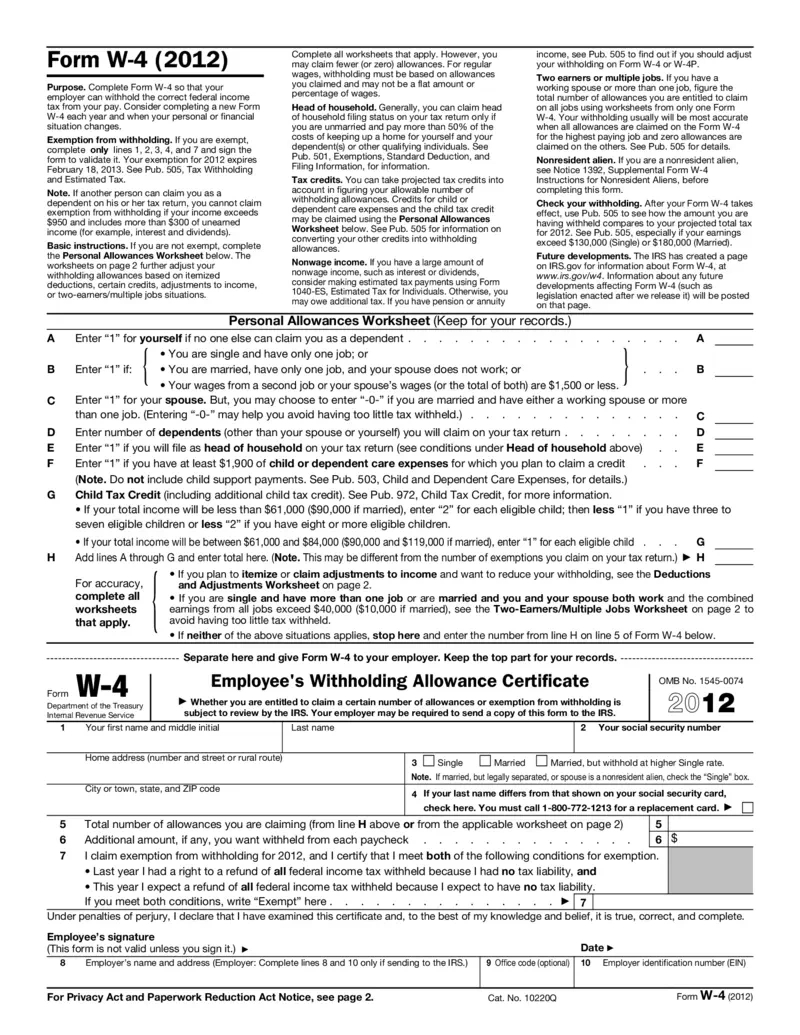 Free Form W-4 Instructions For Federal Withholding 2012 intended for Form W4 2025 PDF