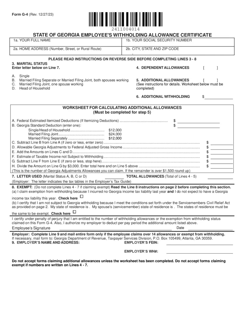 Free Georgia Employee Withholding Allowance Certificate in Ga W4 Form 2025