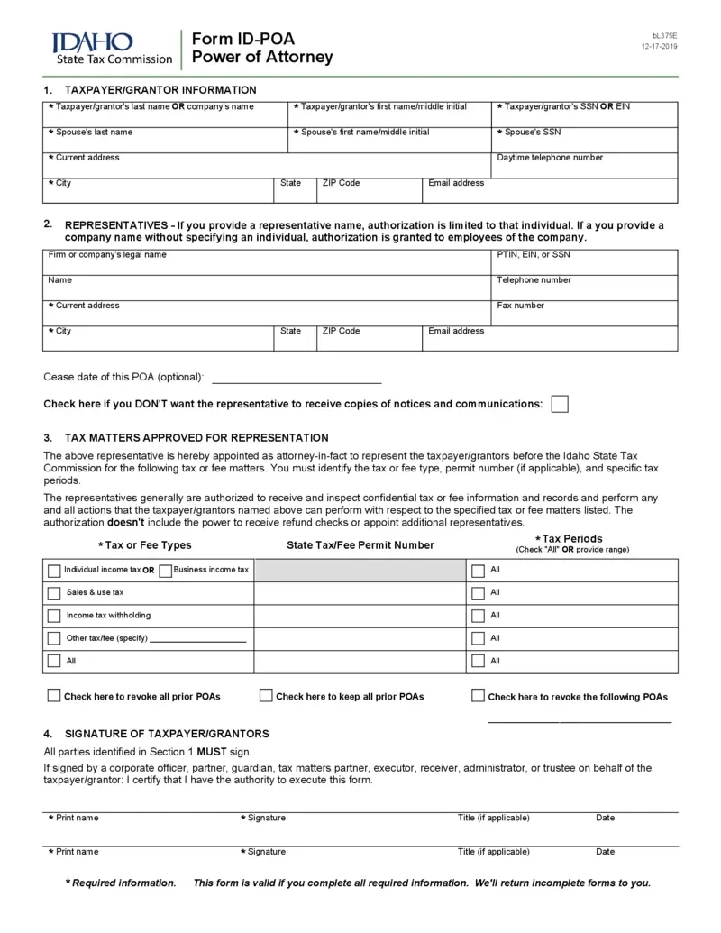 Free Idaho State Tax Commission Form Id-Poa Power Of Attorney within Idaho W4 Form 2025