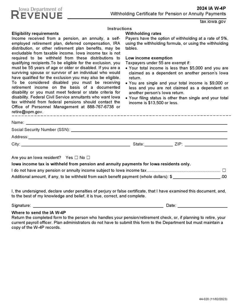 Free Iowa Department Of Revenue 2024 Ia W-4P Form | Printfriendly in Irs Form W4 P 2025