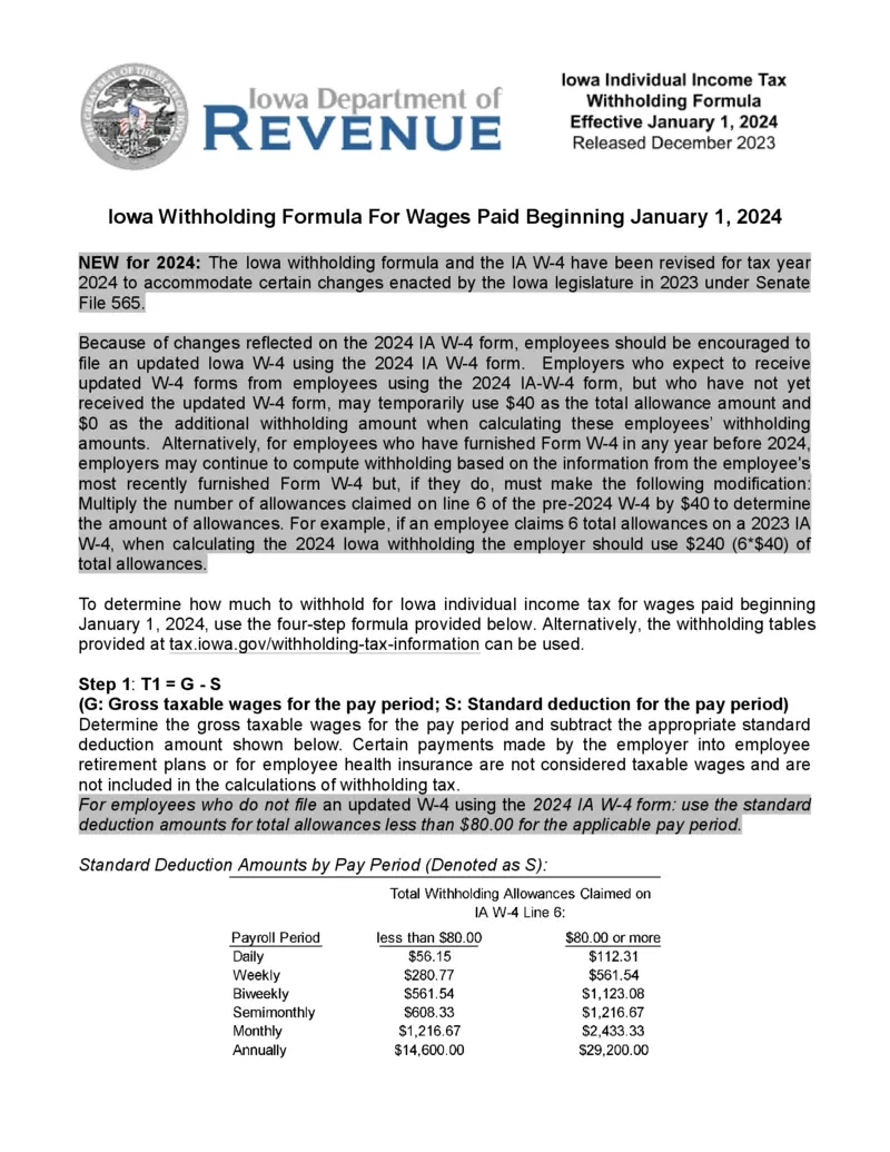 Free Iowa Individual Income Tax Withholding Formula 2024 pertaining to 2025 IOWA W4 Form