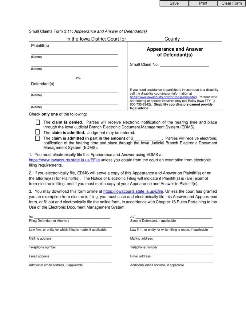 Free Iowa Small Claims Appearance And Answer Form | Printfriendly in IOWA W4 Form 2025