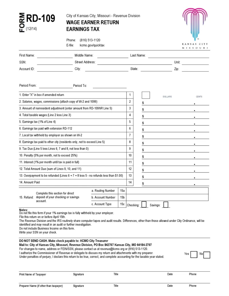 Free Kansas City Missouri Wage Earner Return Form | Printfriendly with regard to 2025 MO W4 Form