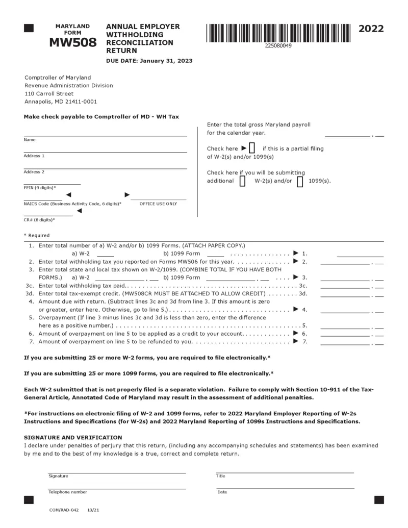 Free Maryland Annual Employer Withholding Reconciliation Form 2022 within Maryland W4 Form 2025