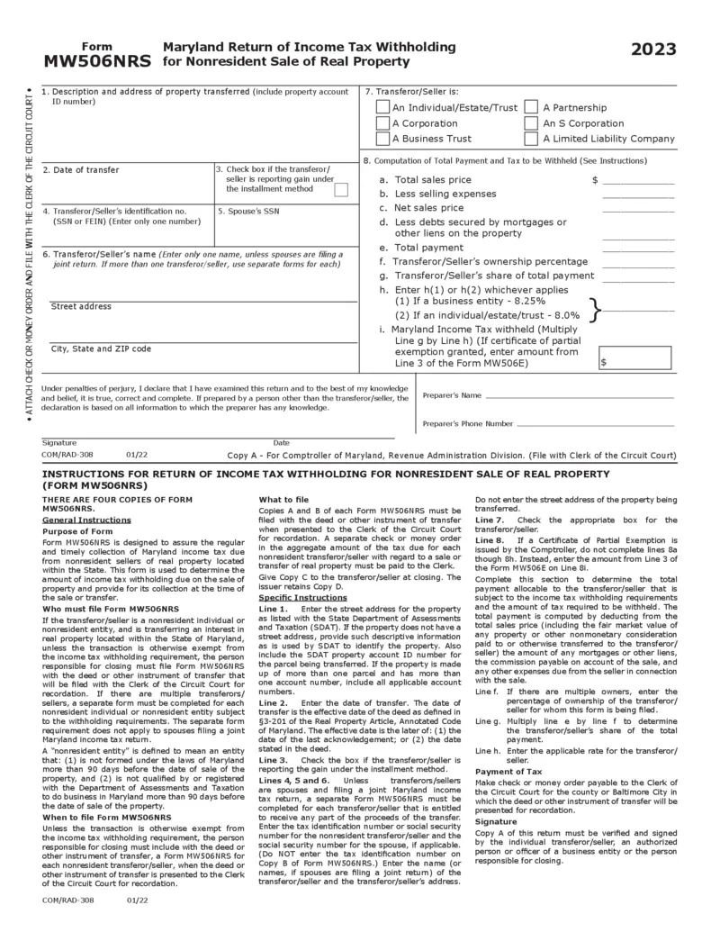 Free Maryland Income Tax Withholding Form Mw506Nrs | Printfriendly pertaining to Md W4 Form 2025