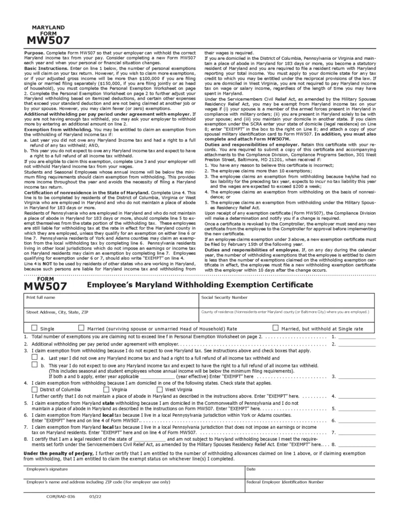 Free Maryland Mw507 Income Tax Withholding Form | Printfriendly within Maryland W4 Form 2025