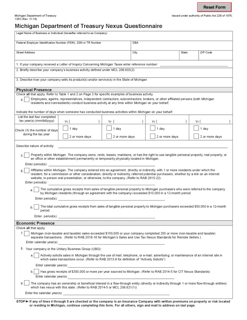 Free Michigan Department Of Treasury Nexus Questionnaire inside W4 Form 2025 Michigan