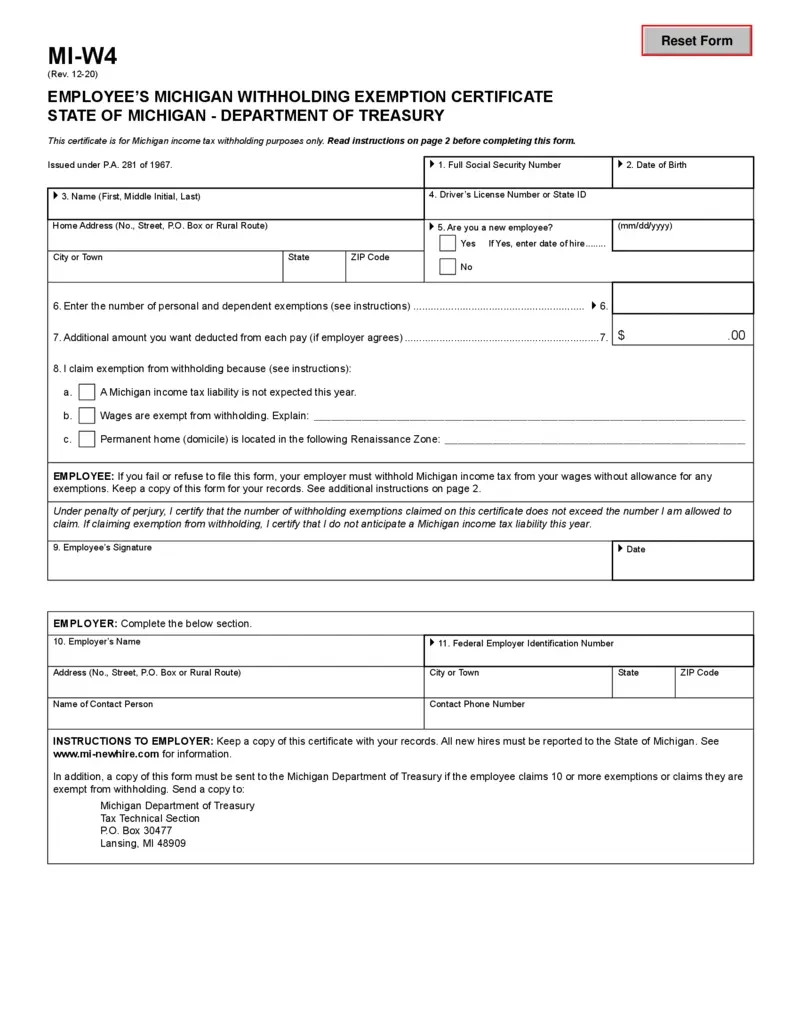 Free Michigan Withholding Exemption Certificate Form Mi-W4 throughout W4 Form 2025 Michigan