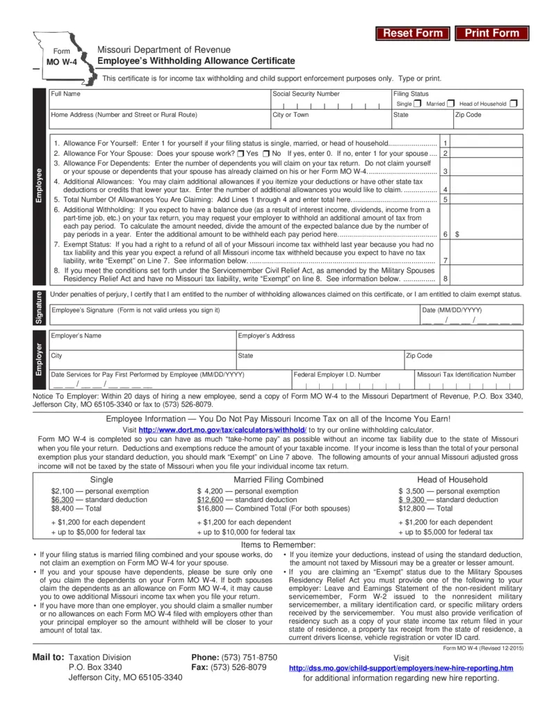 Free Missouri Department Of Revenue Employee Withholding Form in 2025 MO W4 Form