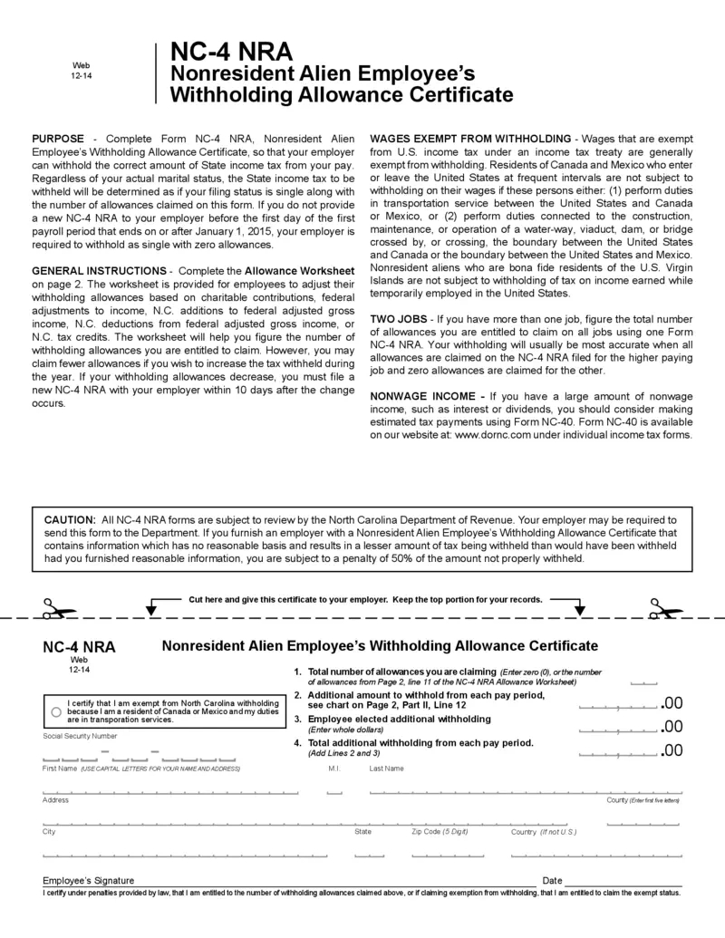 Free Nc-4 Nra Withholding Allowance Certificate Instructions throughout Nc W4 Form 2025