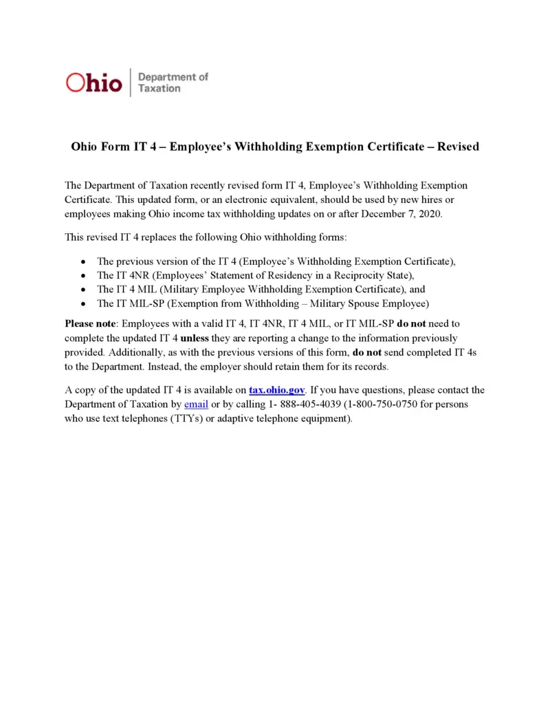 Free Ohio Form It 4 Employee Withholding Exemption Certificate for Ohio W4 Form 2025