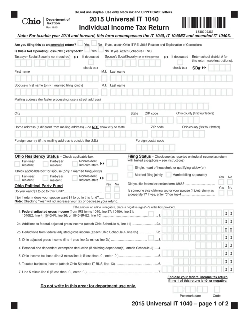 Free Ohio Individual Income Tax Return Form 2015 | Printfriendly with Ohio W4 Form 2025