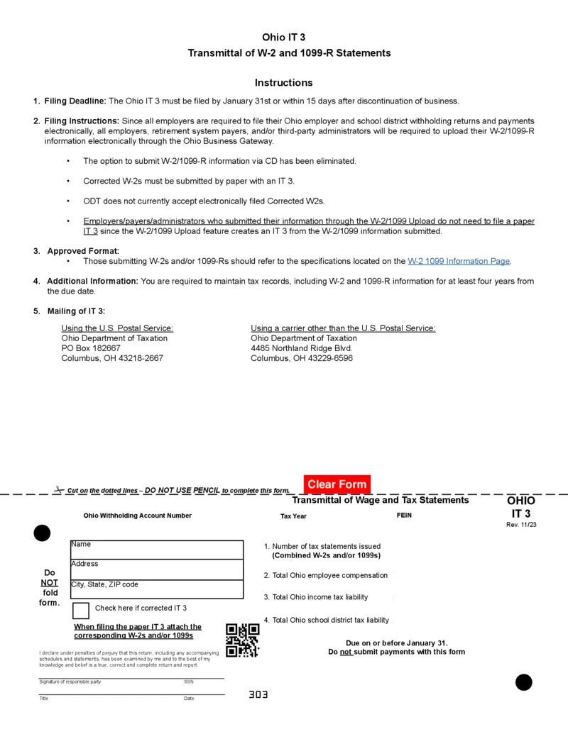 Free Ohio It 3 W-2 And 1099-R Filing Instructions And Details pertaining to Ohio W4 Form 2025