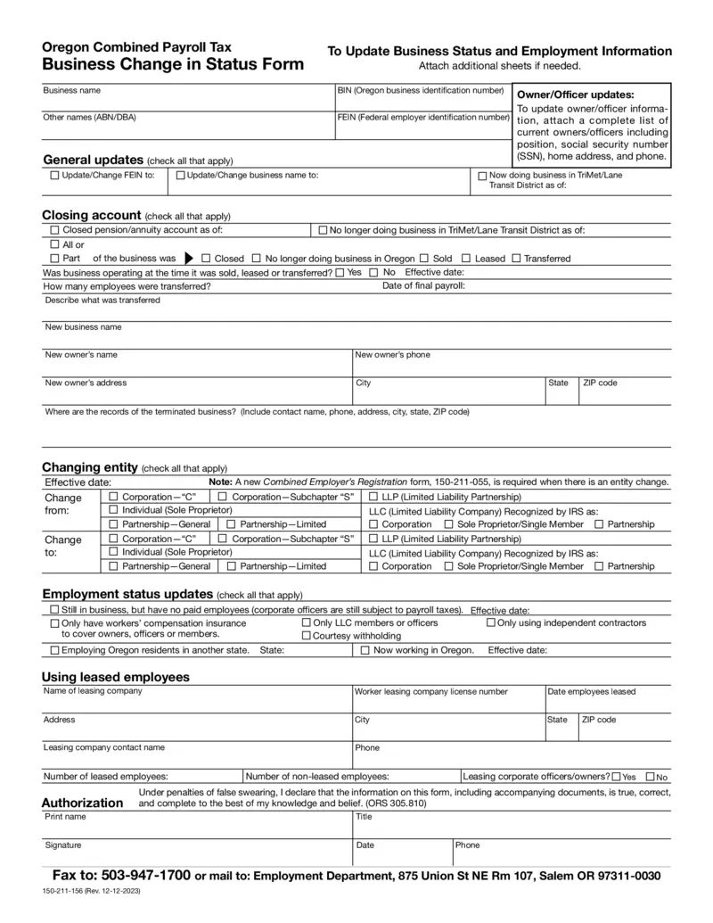 Free Oregon Combined Payroll Tax Business Change Form | Printfriendly for Oregon W4 2025 Form