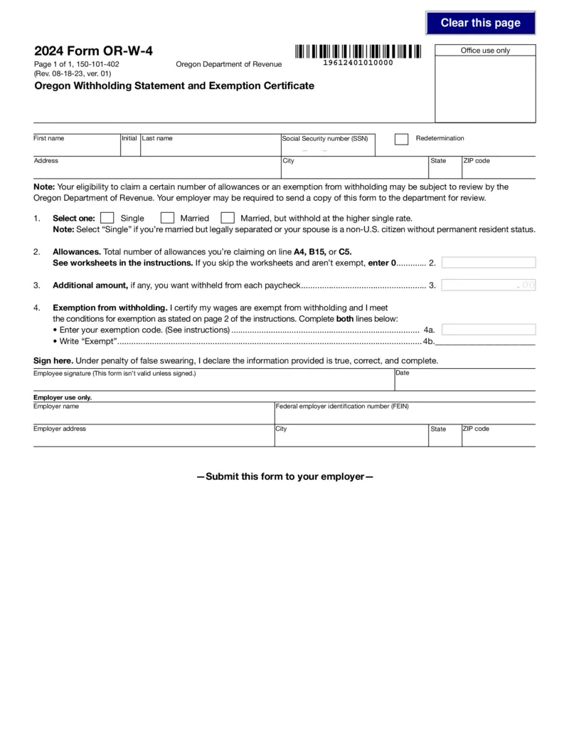 Free Oregon Form Or-W-4 Withholding Exemption Certificate intended for Oregon W4 2025 Form