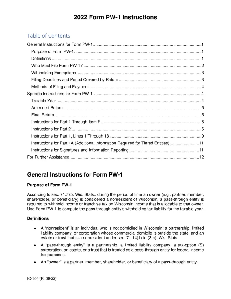 Free Wisconsin 2022 Form Pw-1 Instructions And Guidelines for Wisconsin W4 Form 2025