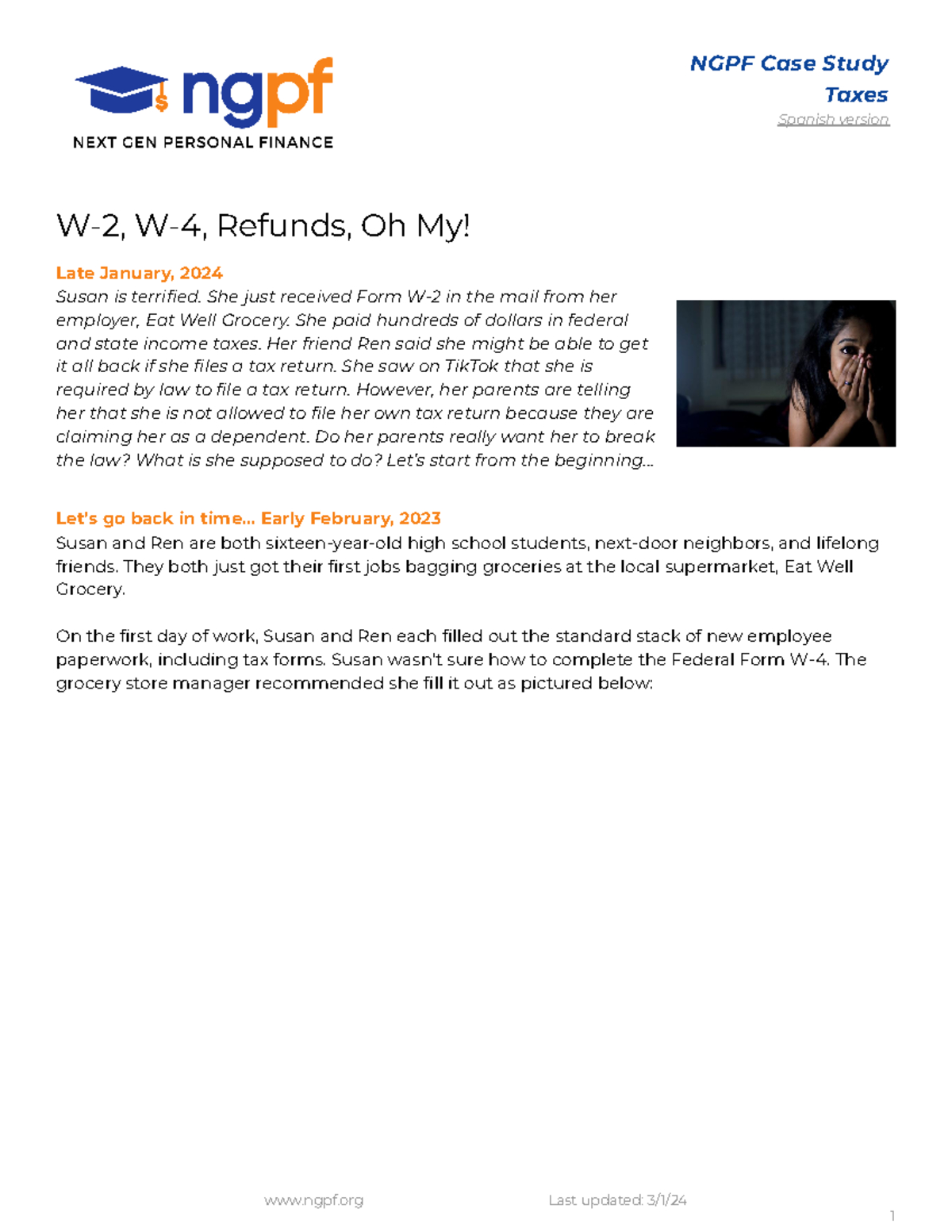 Taxes Case Study W-2, W-4, Refunds, Oh My - Ngpf Case Study Taxes in W4 Form Spanish 2025